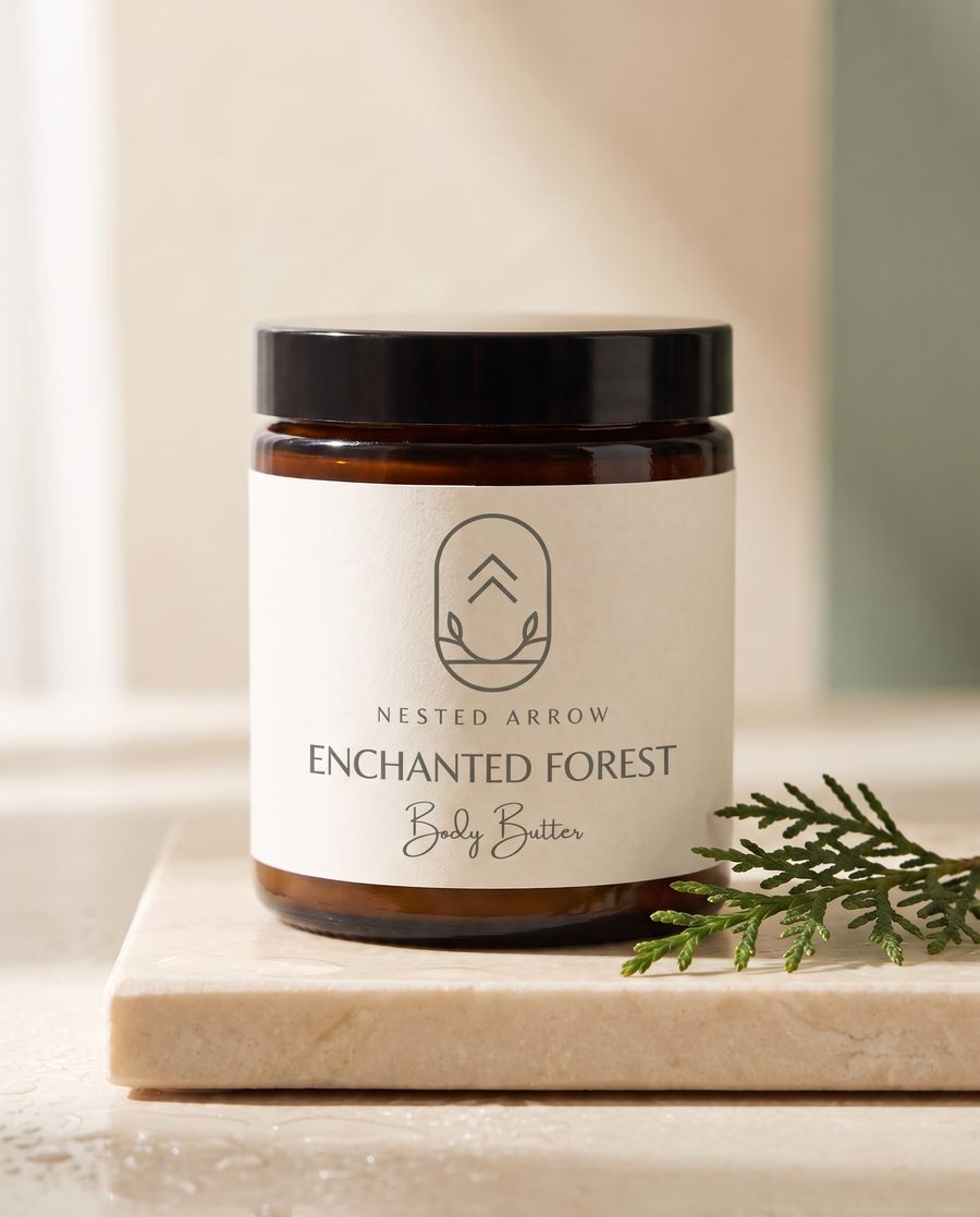 Enchanted Forest body butter jar with a cypress sprig